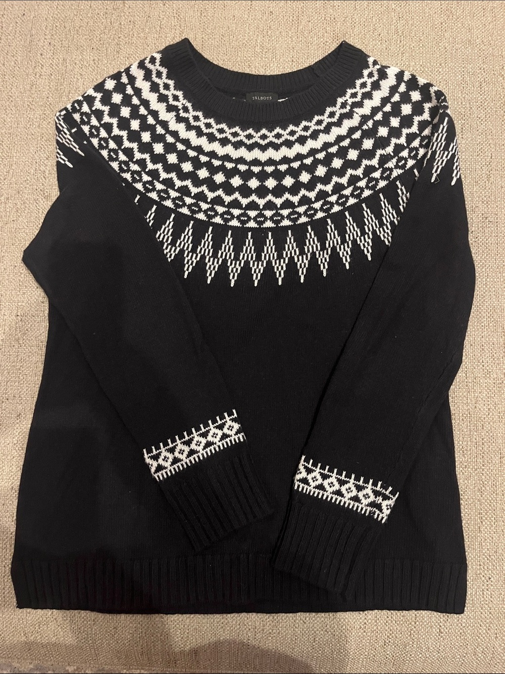 Talbots Black Crewneck Sweater with White Fair Isle Yoke M